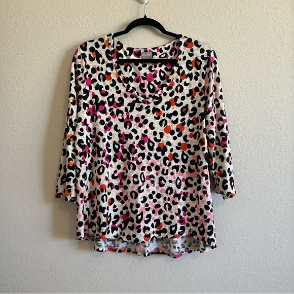 2/$30 Chico’s Cream Black Pink Boxy Blouse Top with Three-Quarter Sleeves - Picture 3 of 11